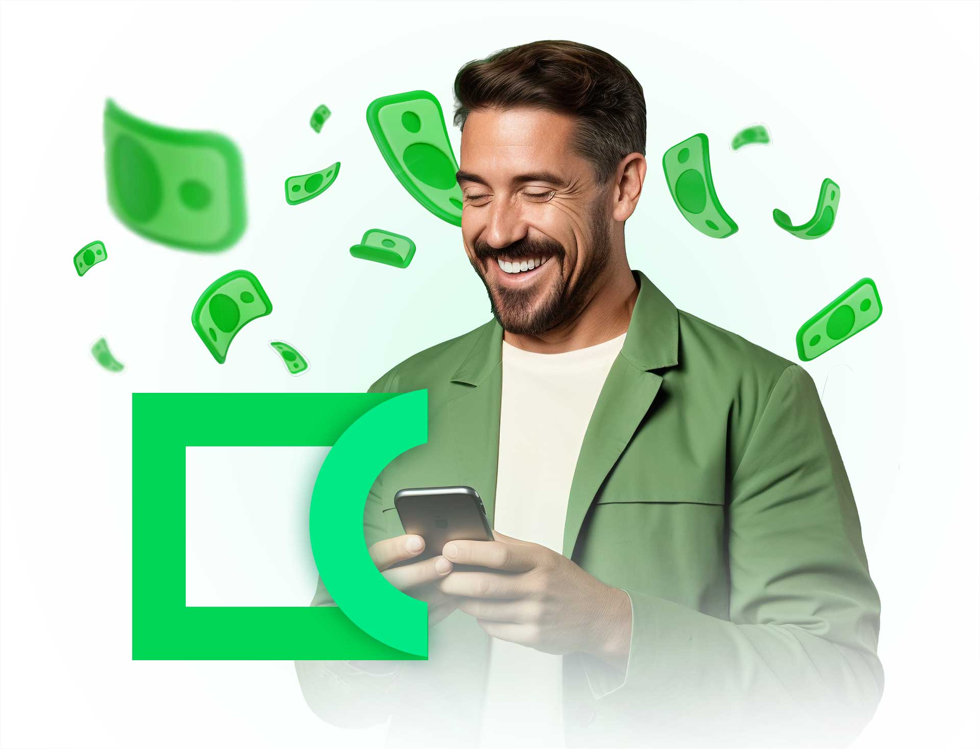 Homem sorrindo com smartphone - Simule seu empréstimo